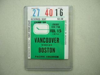 1973/74 Vancouver Canucks Boston Bruins Hockey Ticket Stub Sharp,  Mk Bobby Orr
