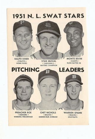 Stan Musial Warren Spahn Ralph Kiner 1951 Sporting News Nl Stars Insert Sheet