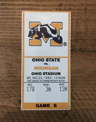 1990 Ohio State V Michigan Ticket Stub - Desmond Howard Robert Smith Elvis Grbac