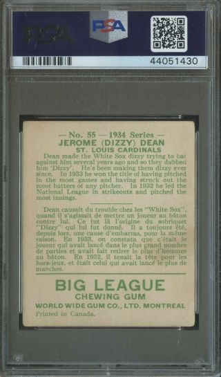1934 Goudey World Wide Gum 55 Dizzy Dean St.  Louis Cardinals HOF PSA 3.  5 2