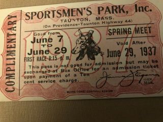 1937 Sportsman Park Inc,  Taunton Dog Track Complimentary Pass Greyhound Racing