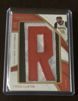 2018 - 19 Immaculate Vince Carter Game Worn Nameplate Patch Card 3/6 Hawks
