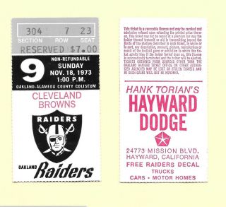1973 Oakland Raiders Vs Cleveland Browns Ticket Stub At The Oakland Coliseum
