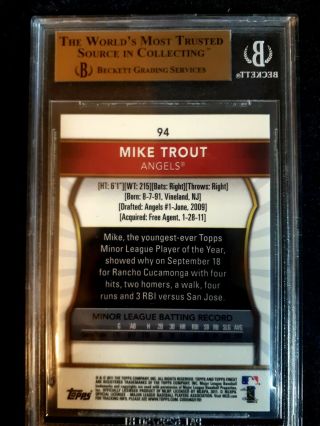 BGS 9.  5 Mike Trout 2011 Topps Finest Rookie RC 94 Gem Angels 2