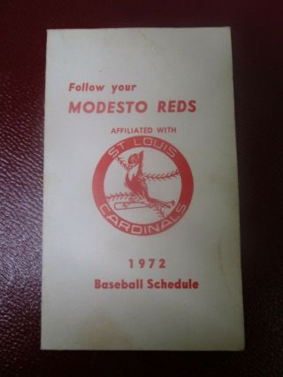 1972 Modesto Reds (st Louis Cardinals) Minor League Baseball Team Schedule Card