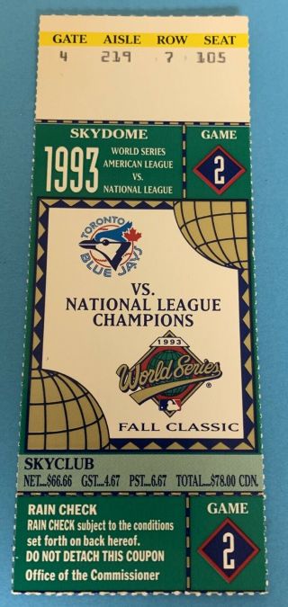 1993 Toronto Blue Jays Vs.  Phillies World Series Game 2 Ticket Stub - Skydome