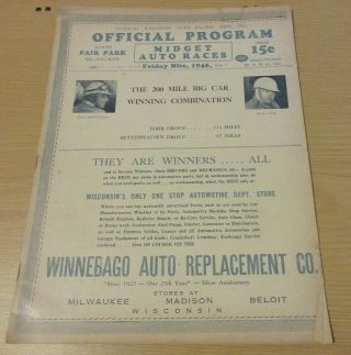 Wisconsin State Fair Park Midget Auto Race Program Friday 1948 Series 7