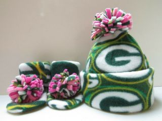 Packers Baby Hat Handcrafted Newborn Beanie & Booties Fleece Nfl Green Bay Pinkj