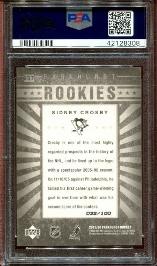 2005 Parkhurst 657 Sidney Crosby Rookie Facsimile Autograph ed 032/100 - PSA 9 2