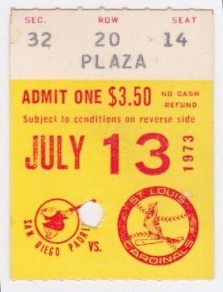 7/13/1973 St.  Louis Cardinals Vs.  San Diego Padres Ticket Stub Lou Brock Sb
