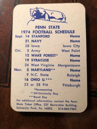 1974 Penn State Nittany Lions College Football Pocket Schedule