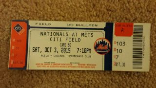 Nationals Vs.  Mets Max Scherzer No Hitter Citi Field Full Ticket Stub 10/3/15