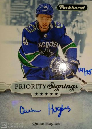 2019 Upper Deck Priority Signings Fall Expo Quinn Hughes Rookie Auto /25