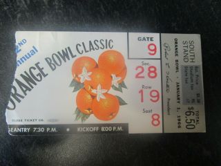 1966 Orange Bowl Nebraska Cornhusker V Alabama Crimson Tide Football Ticket Stub