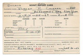 Vintage 1950 Cleveland Indians Baseball Scout Report Card,  Batavia,  Cedar Rapids