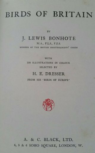 1917 H/BK BIRDS OF BRITAIN BY J.  LEWIS BONHOTE 100 COLOUR PLATES BY H.  E.  DRESSER 3