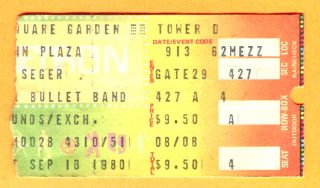 9/13/80 Bob Seger & Silver Bullet Band Concert Ticket Stub - Madison Square Garden