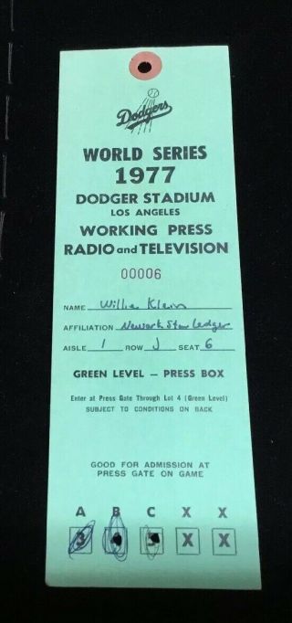 1977 World Series Press Pass Dodgers Vs York Yankees