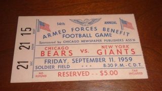 1959 Chicago Bears Vs.  York Giants Ticket Stub - Armed Forces Game - 9/11/59