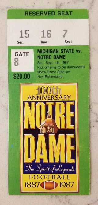 Notre Dame Michigan State Spartans Football Ticket Stub 9/19 1987 Tim Brown 2 Td