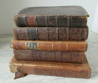 5 Antique Leather Covered Books 1728 - 1853 Various Subjects