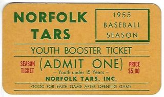1955 Norfolk Tars Minor League Baseball Ticket / Pass.  Piedmont League Fwil
