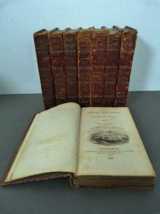 Set Of 8 Decorative Antique Leather Bindings 1822 Walter Scott Waverley Novels