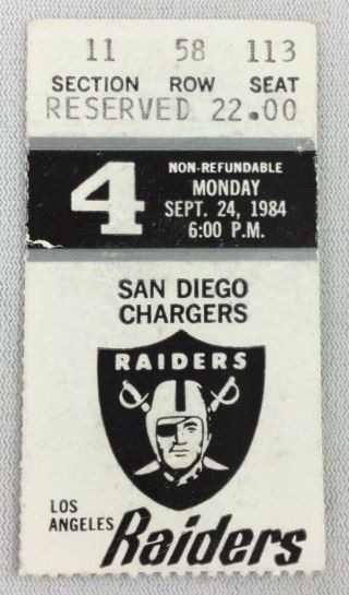 Nfl 1984 09/24 San Diego Chargers At La Raiders Ticket Stub - Dan Fouts,  Winslow