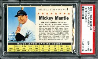 1961 Post Cereal Baseball 4 Mickey Mantle Yankees Perforated Psa Nm - Mt 8