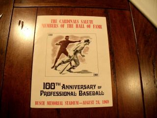 St.  Louis Cardinals August 24 1969 Salute Hall Of Fame Program 100th Anniversary