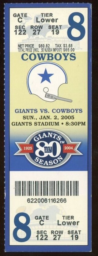 Football Ticket York Giants 2005 1/2 Dallas Cowboys Full