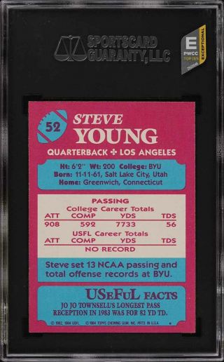 1984 Topps USFL Steve Young ROOKIE RC 52 SGC 9 (PWCC - E) 2