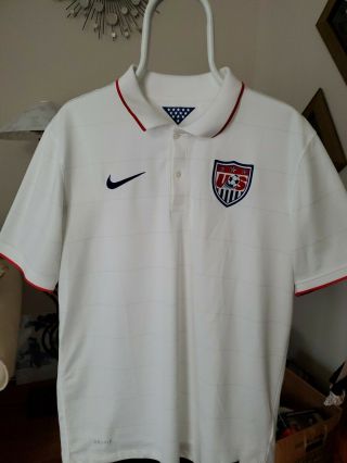 Mens L Authentic 2014 Nike Dri Fit Usa Soccer Polo Shirt White Poly (w33)