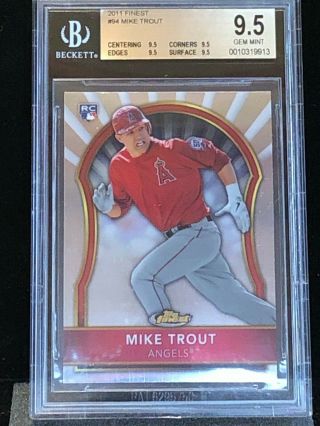 Bgs 9.  5 Mike Trout 2011 Topps Finest Rookie Rc 94 Quad Gem Angels