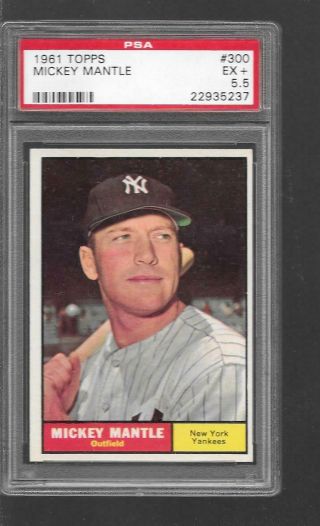 1961 Topps 300 Mickey Mantle Yankees Psa 5.  5 Ex,