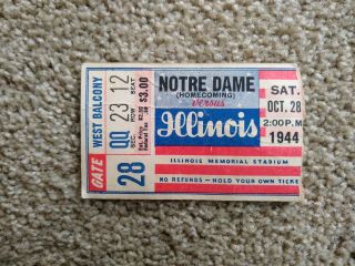 1944 College Football Ticket Stub Illinois Vs Notre Dame Homecoming Wwii