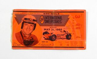 1965 Indianapolis 500 Ticket Stub With Aj Foyt As 1964 Winner