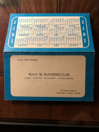 1972 Boston Red Sox Baseball Pocket Schedule Rays Barbecue