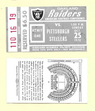 1970 Oakland Raiders Vs Pittsburgh Steelers Ticket Stub Oct 25 At The Coliseum