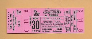 1973 Virginia Squires Vs San Diego Conquistadors Aba Basketball Full Ticket
