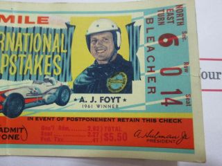 1962 Indy 500 Ticket Stub,  AJ Foyt on Front (Indianapolis,  Indiana) 2