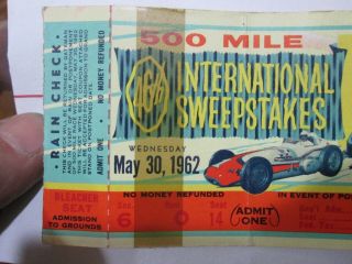 1962 Indy 500 Ticket Stub,  AJ Foyt on Front (Indianapolis,  Indiana) 3