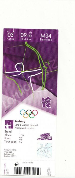 B079 - 2012 London Olympic Games Archery Ticket