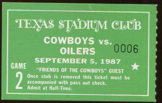 Football Ticket Dallas Cowboys 1987 - 9/5 - Oilers - Stadium Club Pass