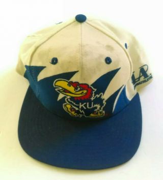 Vintage Ku Kansas Jayhawks Logo Athletic Splash Snapback Cap Tan Blue 90 