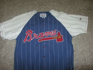 Vintage Atlanta Braves Mirage M Mlb Baseball Jersey Sewn Blue Pinstripe Retro Md
