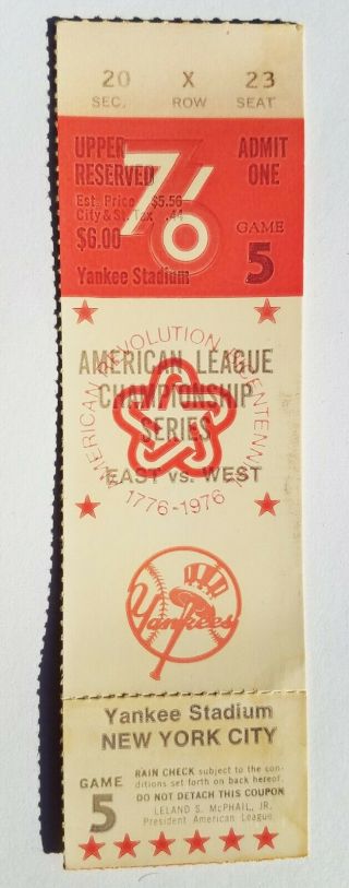 1976 Alcs Playoff Ticket - Ny Yankees Vs Kansas City Royals - Game 5 - Yankees Won