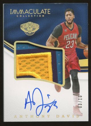 2016 - 17 Immaculate Premium Gold Anthony Davis Pelicans 3 - Color Patch Auto /10