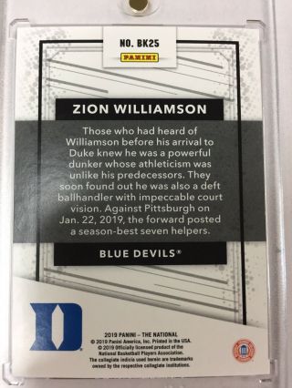 Jersey Number 2019 Panini The National Zion Williamson RC 1/10 WoW 2
