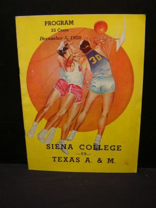 Collage Basketball Seina Vs Texas A.  & M.  Game Program December 5 1950
